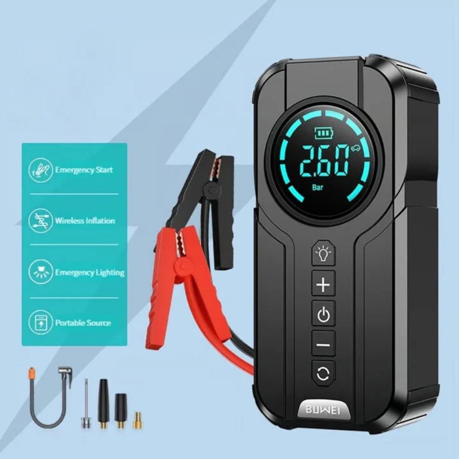 Portable Jump Starter with Air Pump – 150 PSI Wireless Tire Inflator & Emergency Power Bank