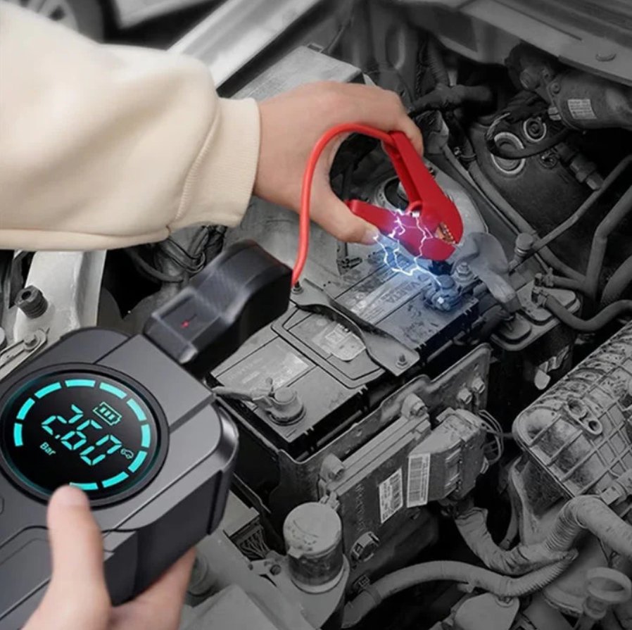 Portable Jump Starter with Air Pump – 150 PSI Wireless Tire Inflator & Emergency Power Bank